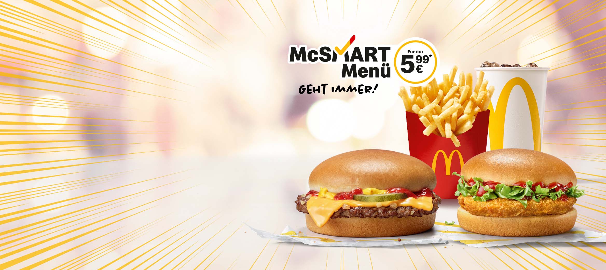 McSmart Menü mit 2 Cheese- oder Chickenburger nach Wahl mit mittlerer Pommes und 0,4 | Softdrink.