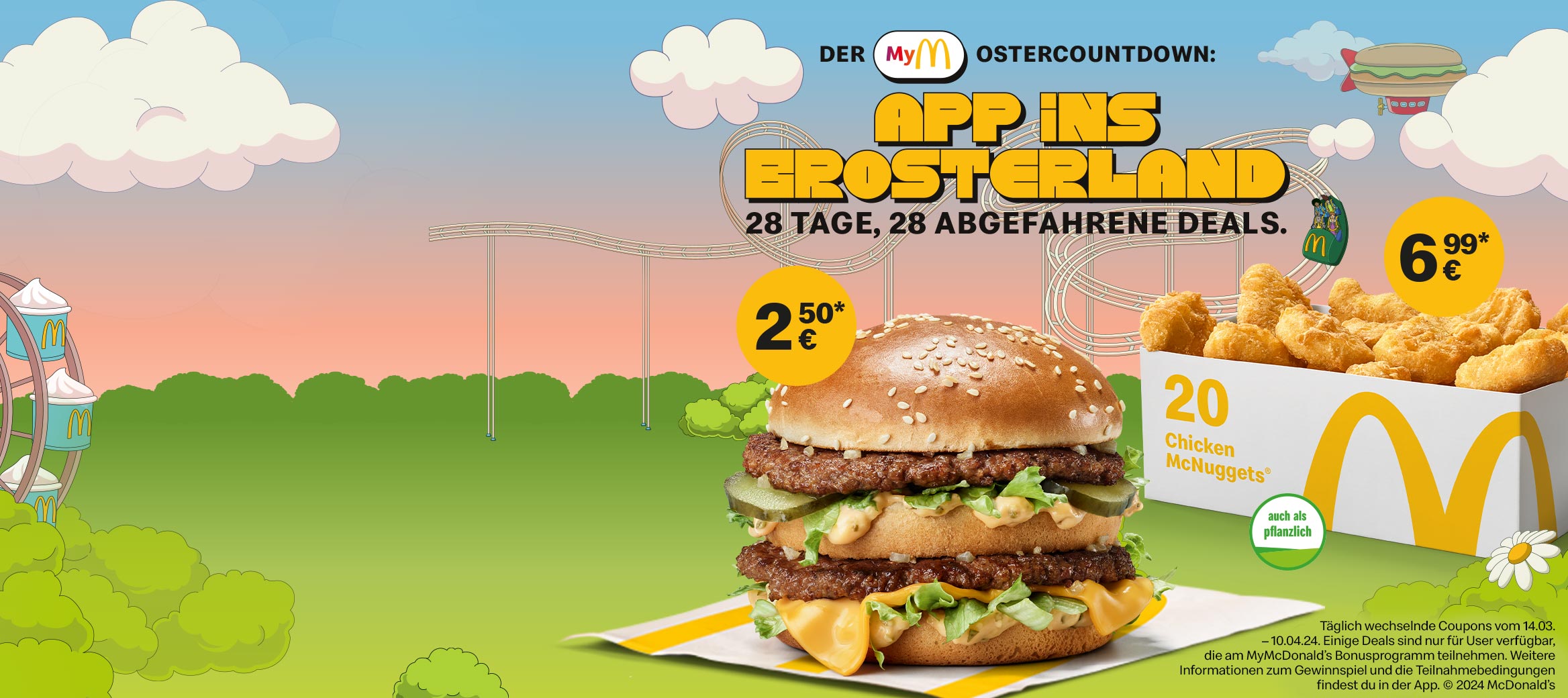 Wir sehen einen Big Mac® für nur 2,50 €. Überschrift: Der MyMcDonald’sOstercountdown: App ins Brosterland! 28 Tage, 28 abgefahrene Deals.