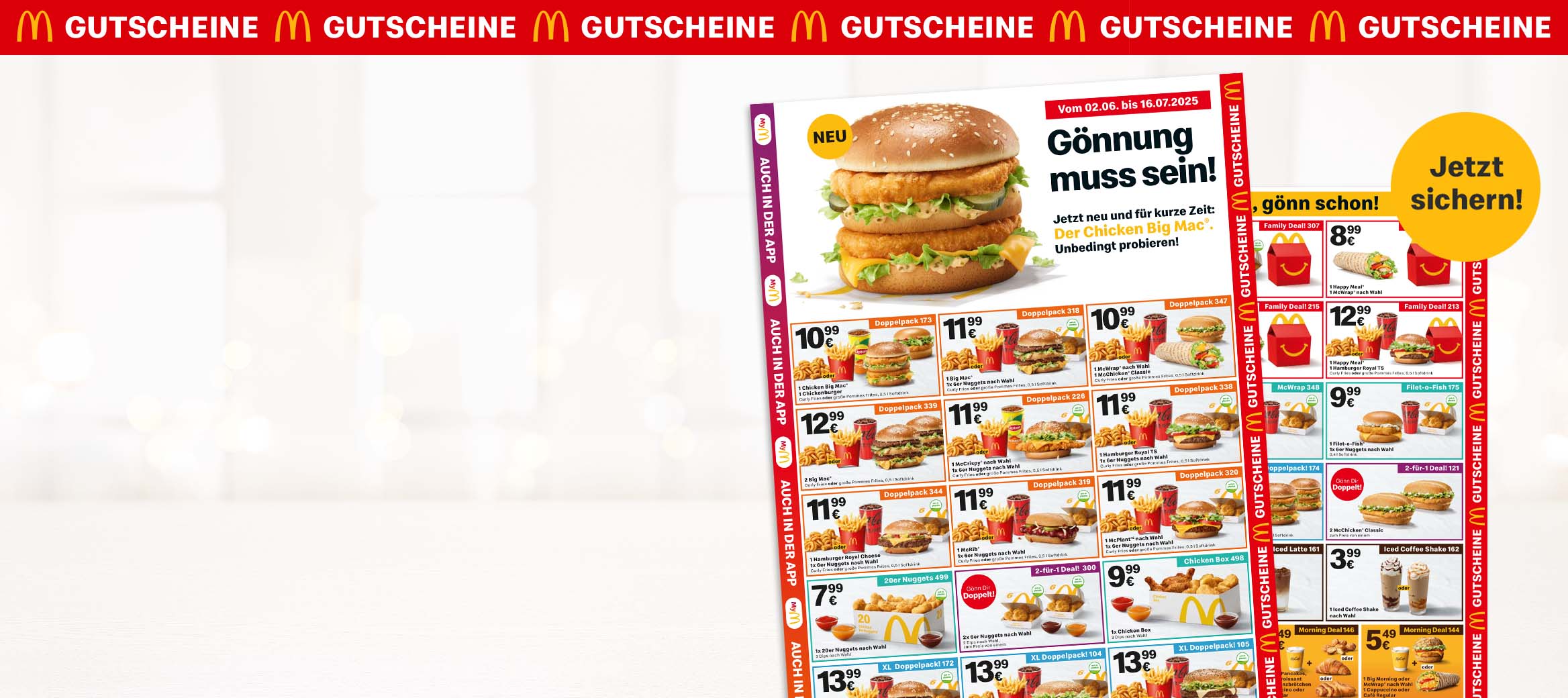 Auf dem Bild befindet sich das aktuelle Gutscheinheft mit der Überschrift „Gönnung muss sein!“ neben dem neuen Chicken Big Mac®.