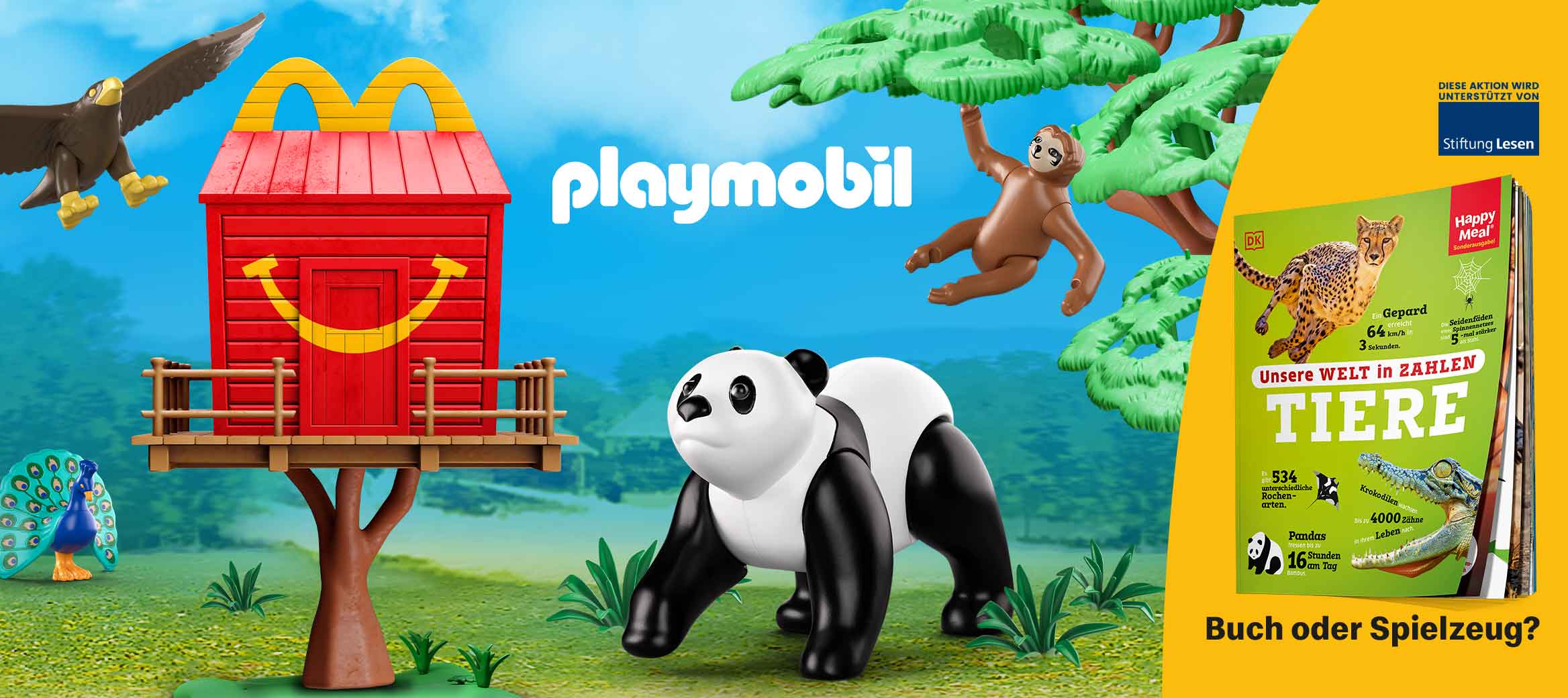 Gezeigt wird eine Tüte, mit typisch Playmobil Elementen und Spielzeugen.