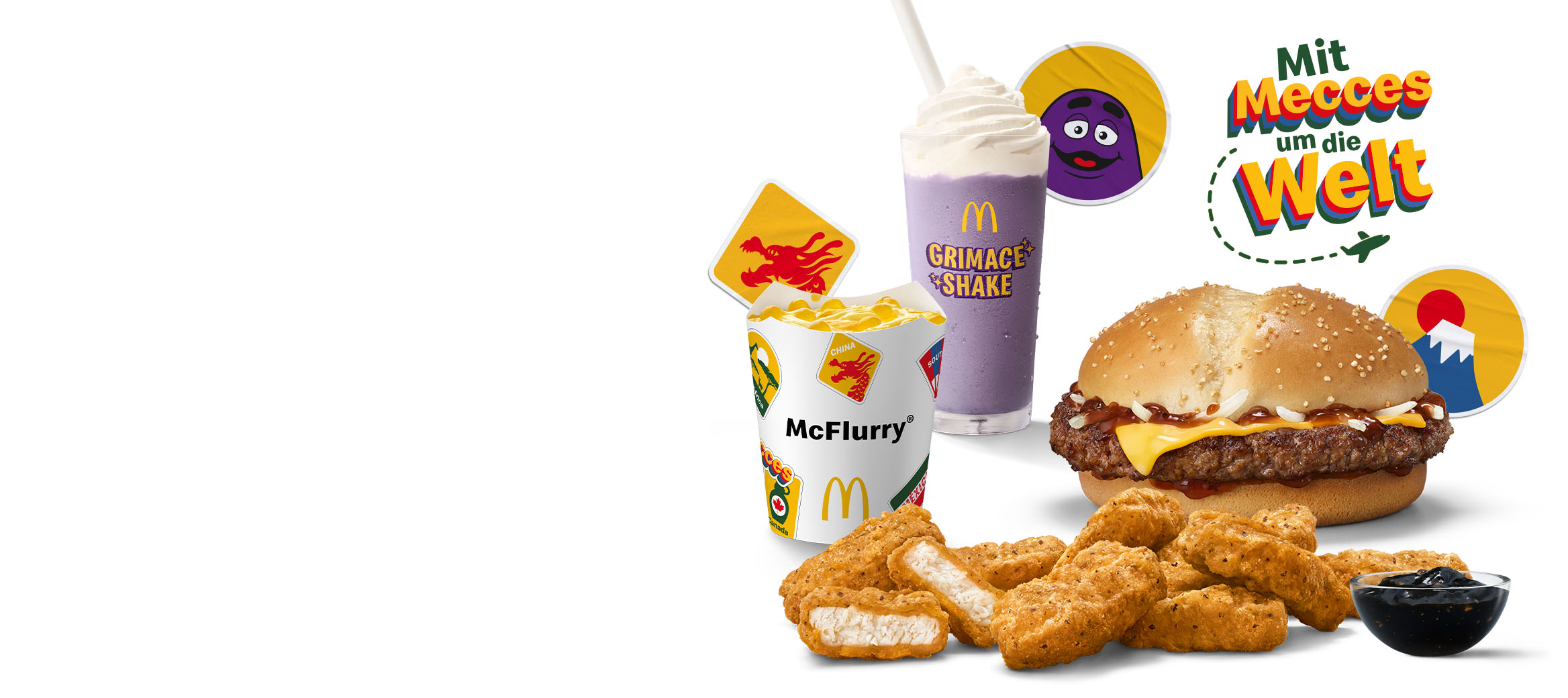 Samurai Mac, Grimace Shake, Garlic Pepper Chicken McNuggets und McFlurry® Mango Bobas.  Überschrift: Mit Mecces um die Welt.