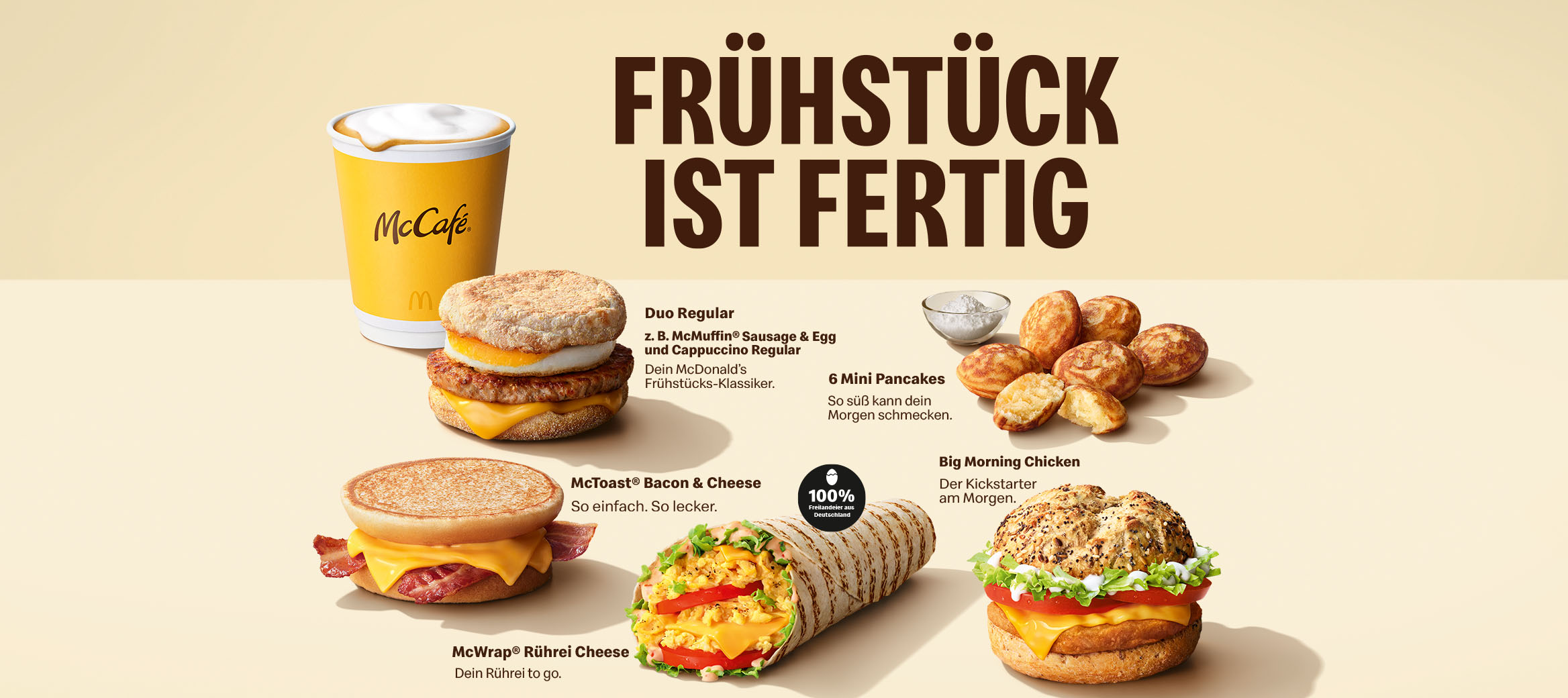 Frühstück ist fertig! Duo Regular, z. B. mit McMuffin® und Cappuccino Regular, 6 Mini Pancakes, Big Morning Chicken, McWrap® Rührei Cheese, McToast® Bacon & Cheese