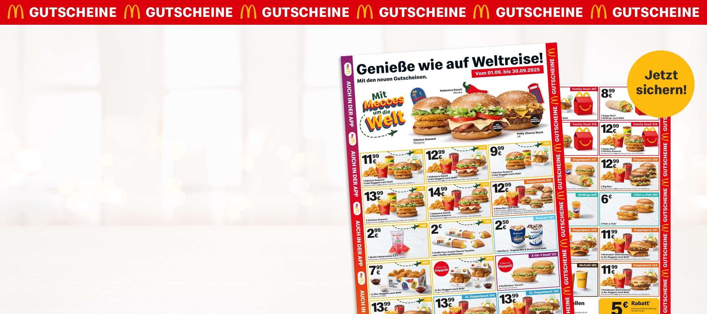 Auf dem Bild befindet sich das aktuelle Gutscheinheft mit der Überschrift „Genieße wie auf Weltreise!“ neben dem neuen Chicken Samurai, Habanero Ranch und Philly Cheese Stack Burger.