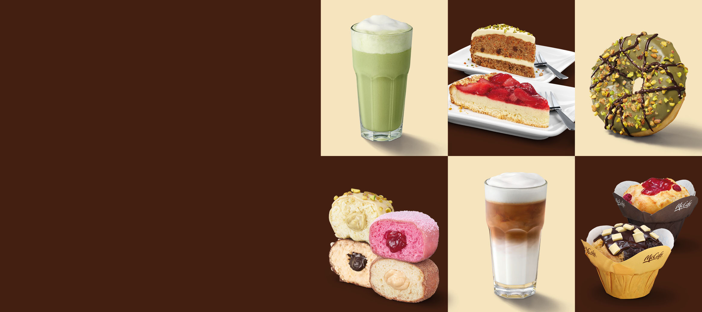 Matcha Latte und Carrot Cake und Erdbeerkuchen und Pistachio Cream Donut und McPops Chocwave und McPops Berry Bomb und McPops Hazel Hero und McPops Pistachio Dream und White Choc Style Macchiato