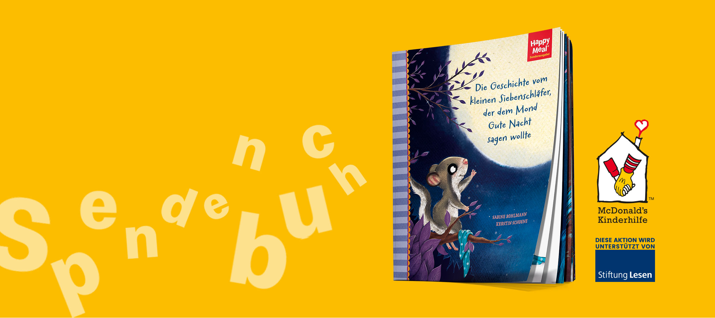 Auf dem Spendenbuch sieht man den kleinen Siebenschläfer wie er seine Hand nach dem Mond ausstreckt. 