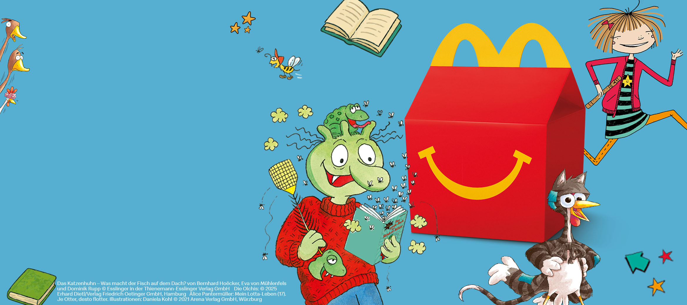 Die HM Box steht auf blauem Hintergrund. Um sie herum befinden sich Charaktere der Bücher wie ein Olchi und das Katzenhuhn.