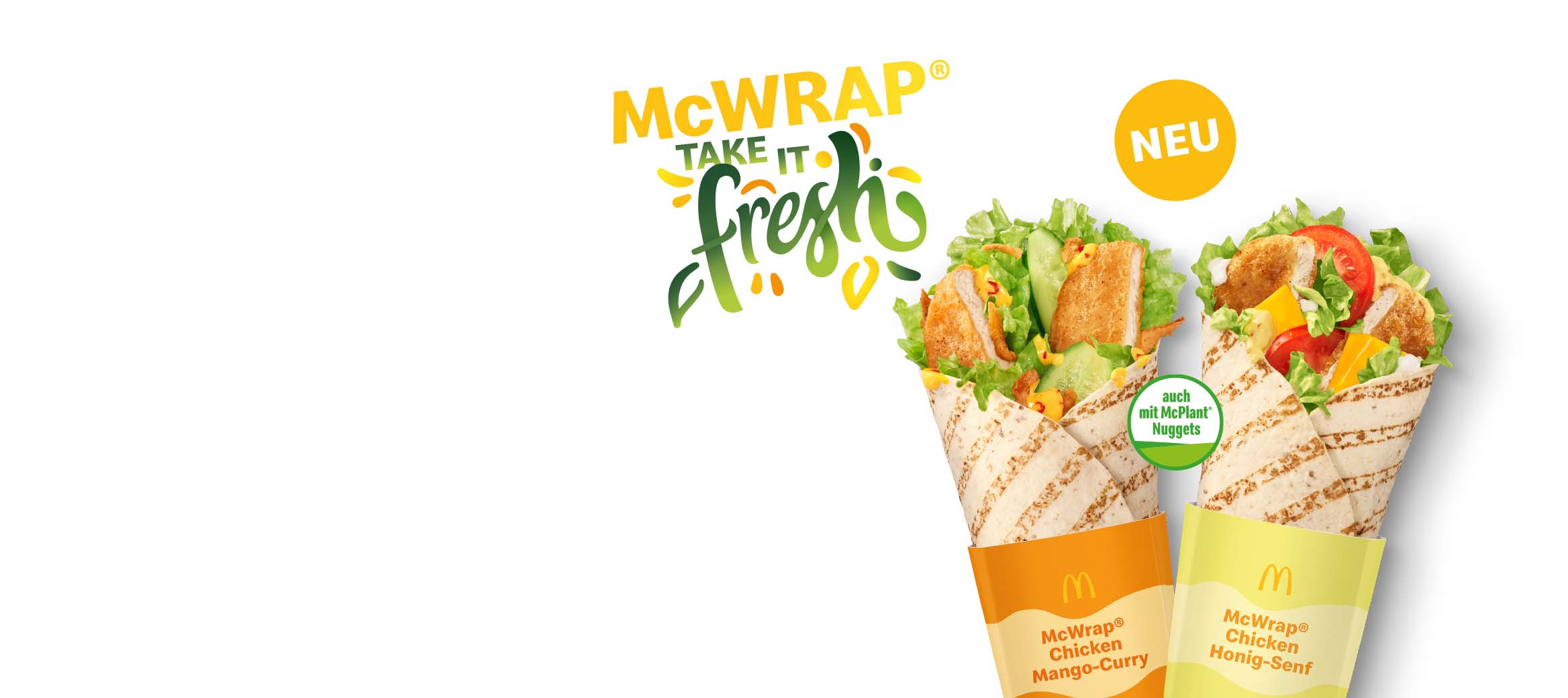 Wir sehen die beiden frischen McWraps Mango-Curry und Honig-Senf nebeneinander mit dem Hinweis "auch mit McPlant Nuggets".
