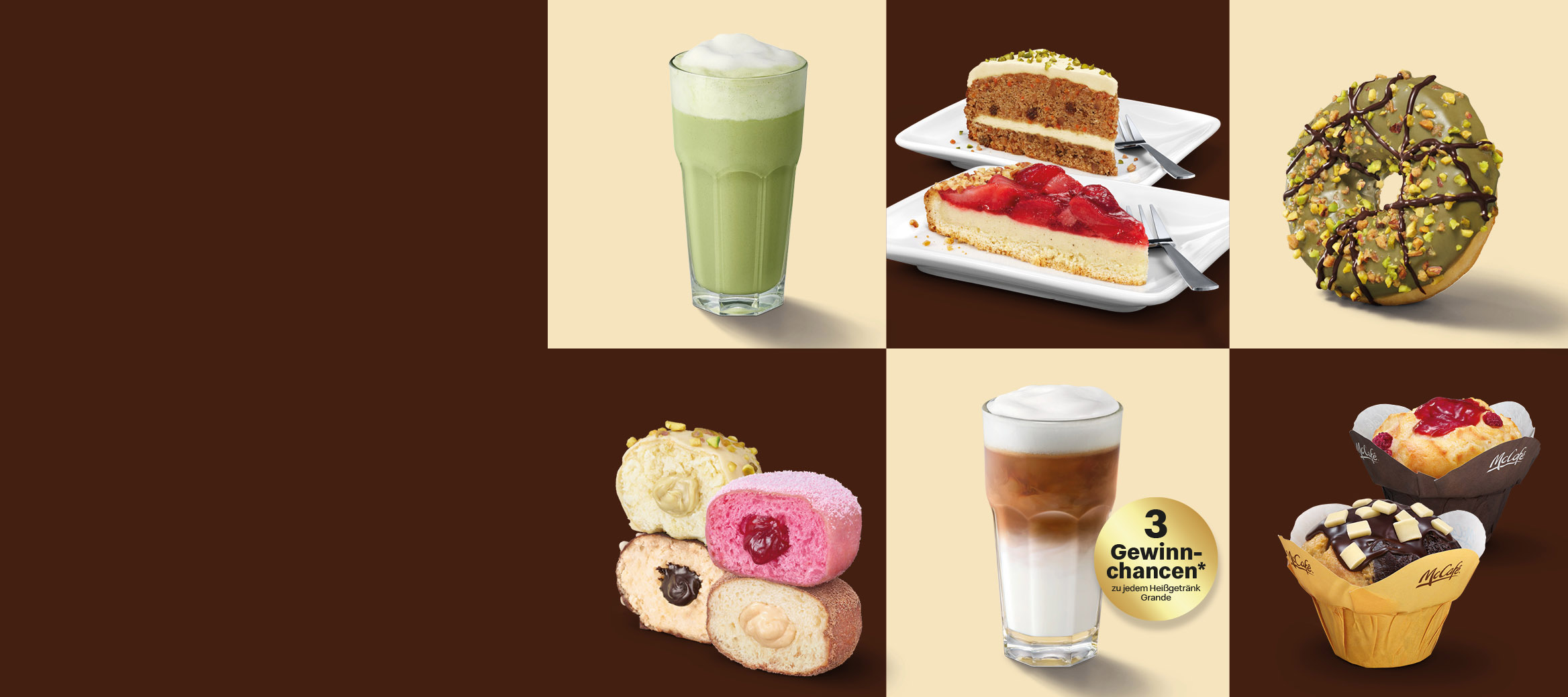 Matcha Latte und Carrot Cake und Erdbeerkuchen und Pistachio Cream Donut und McPops Chocwave und McPops Berry Bomb und McPops Hazel Hero und McPops Pistachio Dream und White Choc Style Macchiato