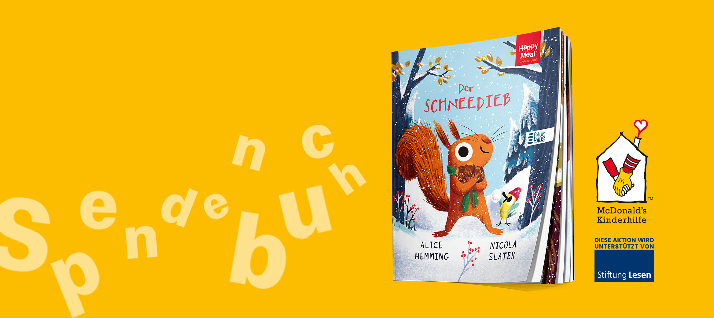 Deckblatt von Kinderbuch mit abgebildetem Eichhörnchen: „Der Schneedieb" auf gelbem Hintergrund.