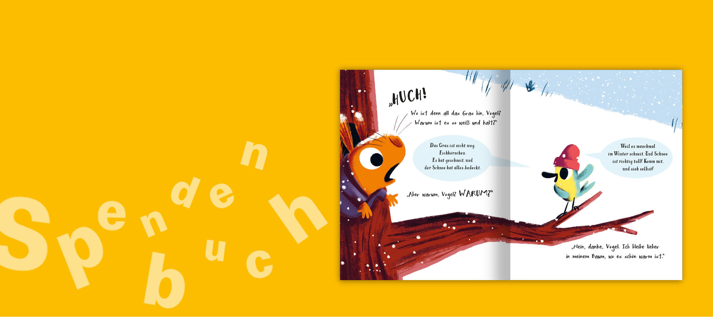 Kinderbuch Innenseite aus „Der Schneedieb“.  Eichhörnchen unterhält sich mit Vogel über Schnee 