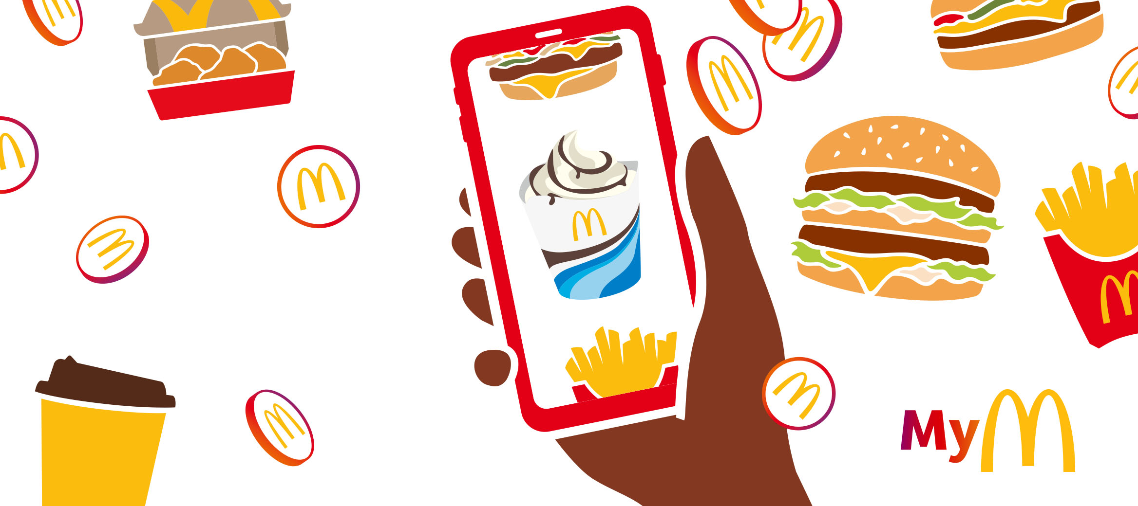 Eine Hand hält ein Smartphone hoch mit Abbildungen von McDonald’s Produkten, drumherum fliegen Produkte und Loyality Points