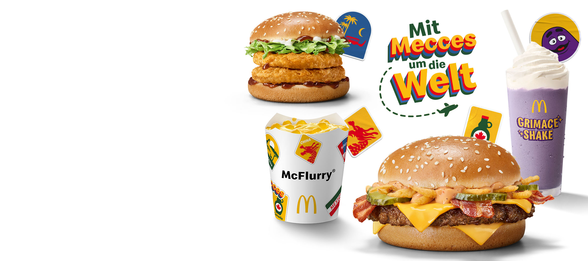Hamburger Royal Maple BBQ & Bacon, Grimace Shake, Chicken Samurai und McFlurry® Mango Bobas.  Überschrift: Mit Mecces um die Welt 