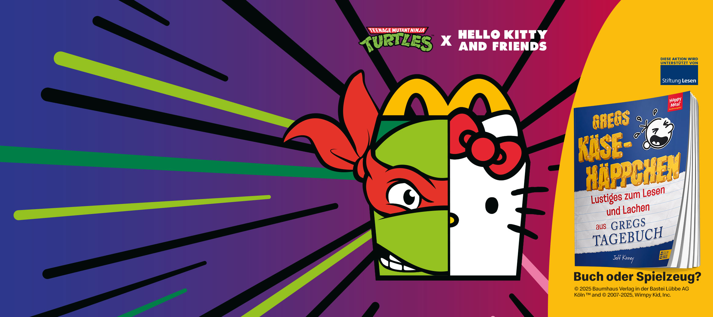 Im Bild sieht man die Happy Meal Box in Form von Teenage Mutant Ninja Turtles und Hello Kitty. Auf der rechten Seite sieht man das Spendenbuch Gregs Käsehäppchen