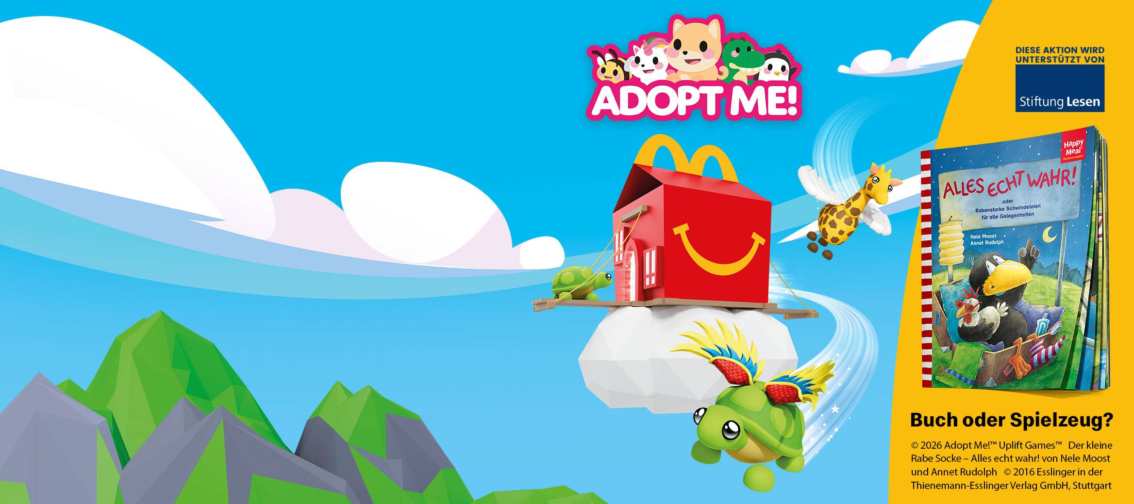 Adopt Me Logo, rotes Happy Meal Haus  mit Figuren, Biene-Giraffe und grüner Schildkröte im Himmel, daneben ein Rabe Socke Buch. Frage: Buch oder Spielzeug?