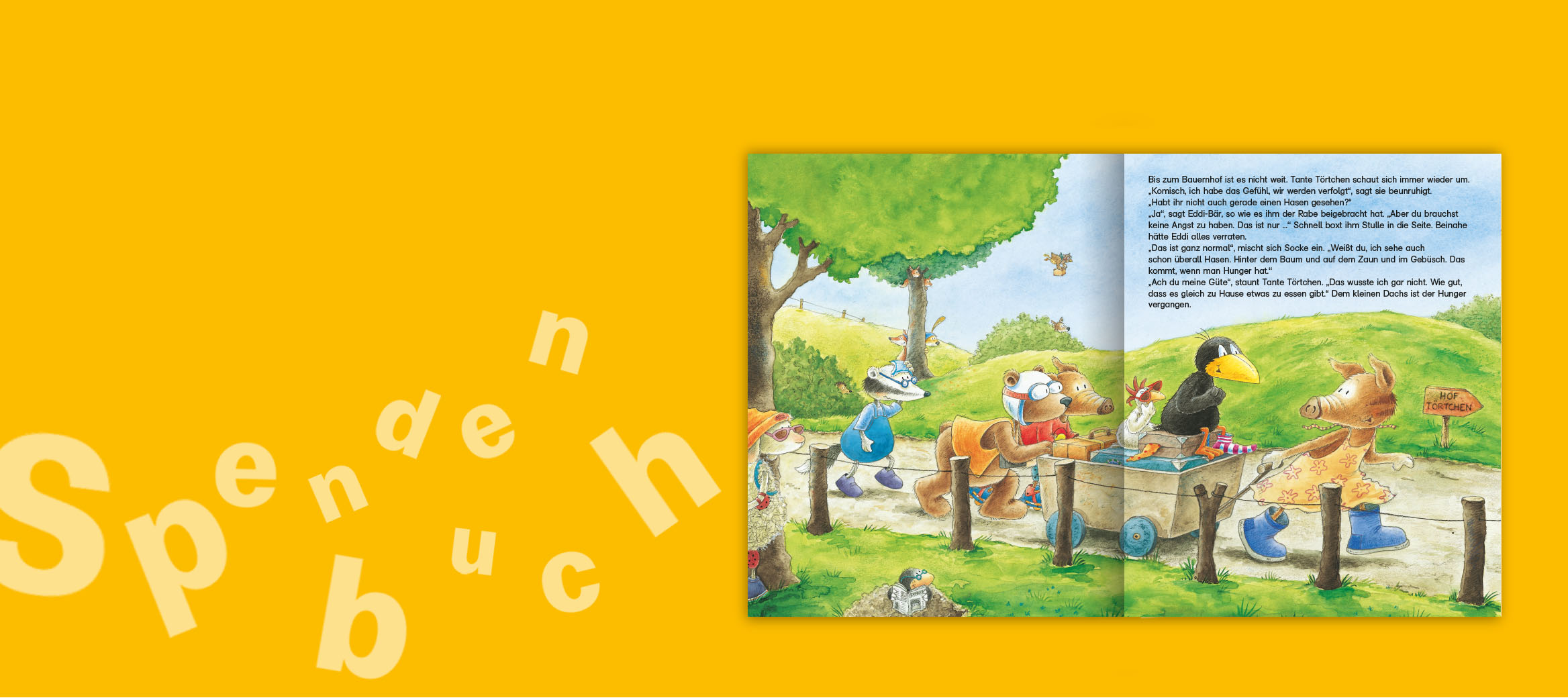 Innenseite aus "Alles echt wahr": Rabe Socke mit Freunden und Tante Törtchen.