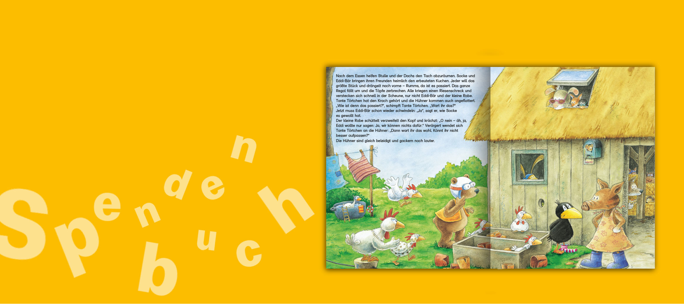 Innenseite aus „Alles echt wahr“: Rabe Socke und seine Freunde verstecken die anderen Freunde.