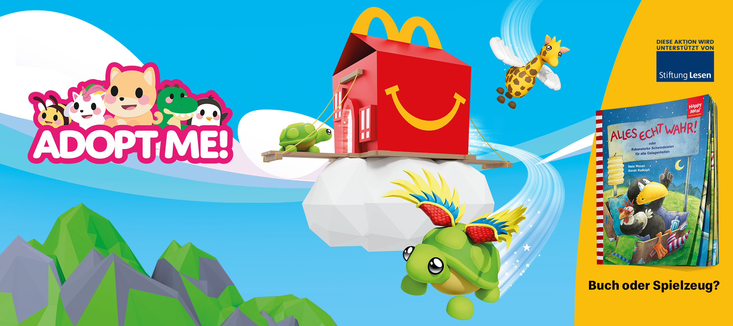 Adopt Me Logo, Happy Meal Box mit fliegenden Figuren (Giraffe, Schildkröte) auf einer Wolke, daneben ein Rabe Socke Buch. Frage: Buch oder Spielzeug?