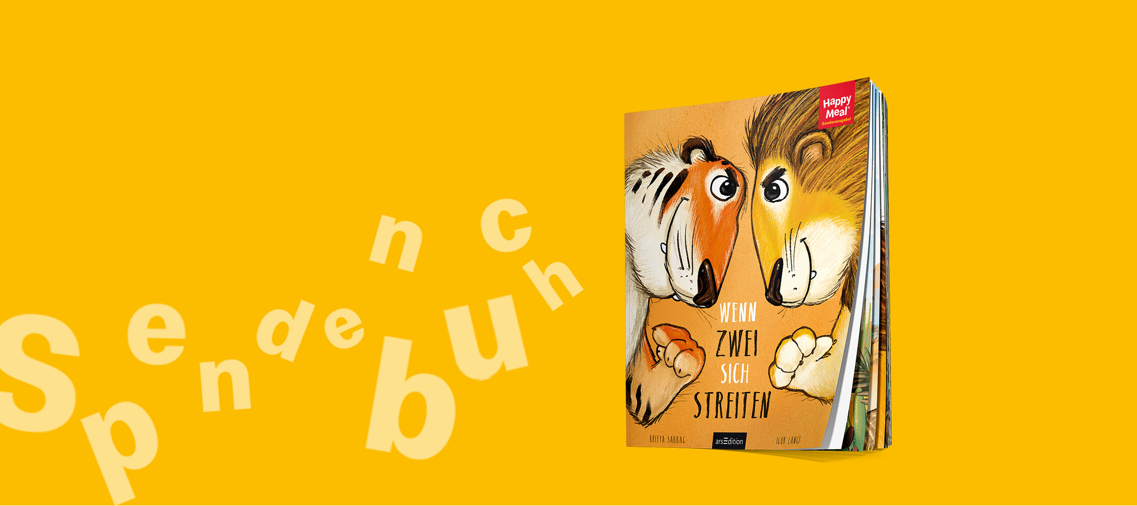 Kinderbuch-Cover zeigt einen Tiger und einen Löwen Kopf an Kopf stehen. Titel: Wenn zwei sich streiten.