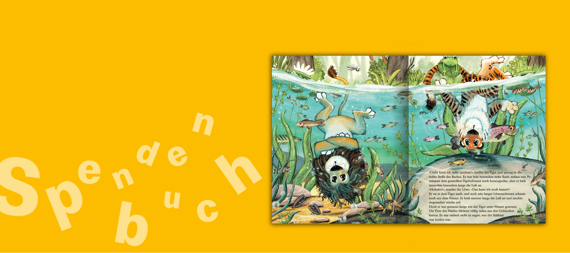 Innenseite aus „Wenn zwei sich streiten“: Tiger und Löwe stehen unter Wasser auf dem Kopf.