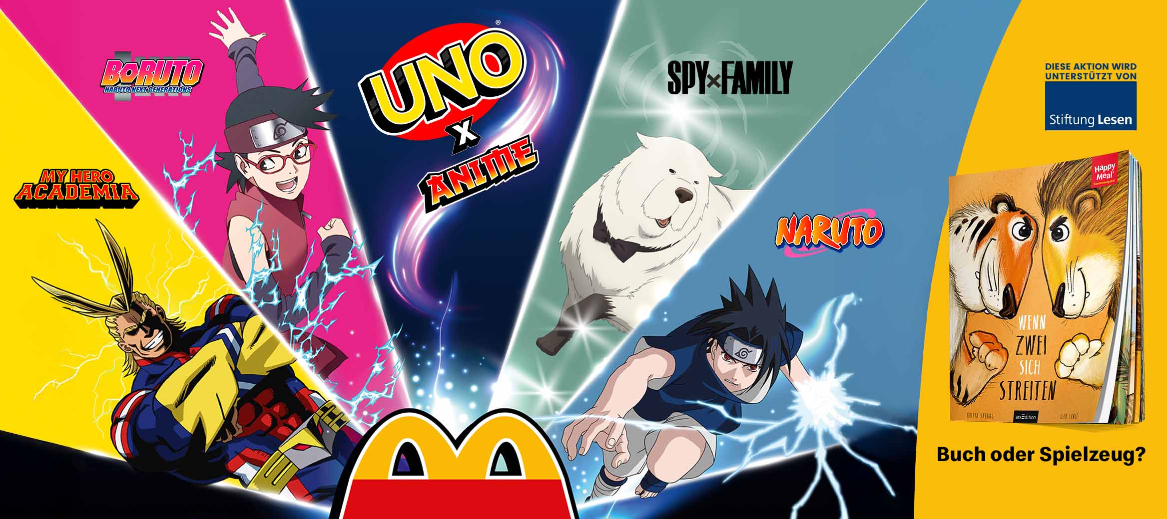 Happy Meal, aus dem vier Anime-Helden und UNO x Anime Logo herauskommen. Daneben das Spendenbuch “Wenn zwei sich streiten".