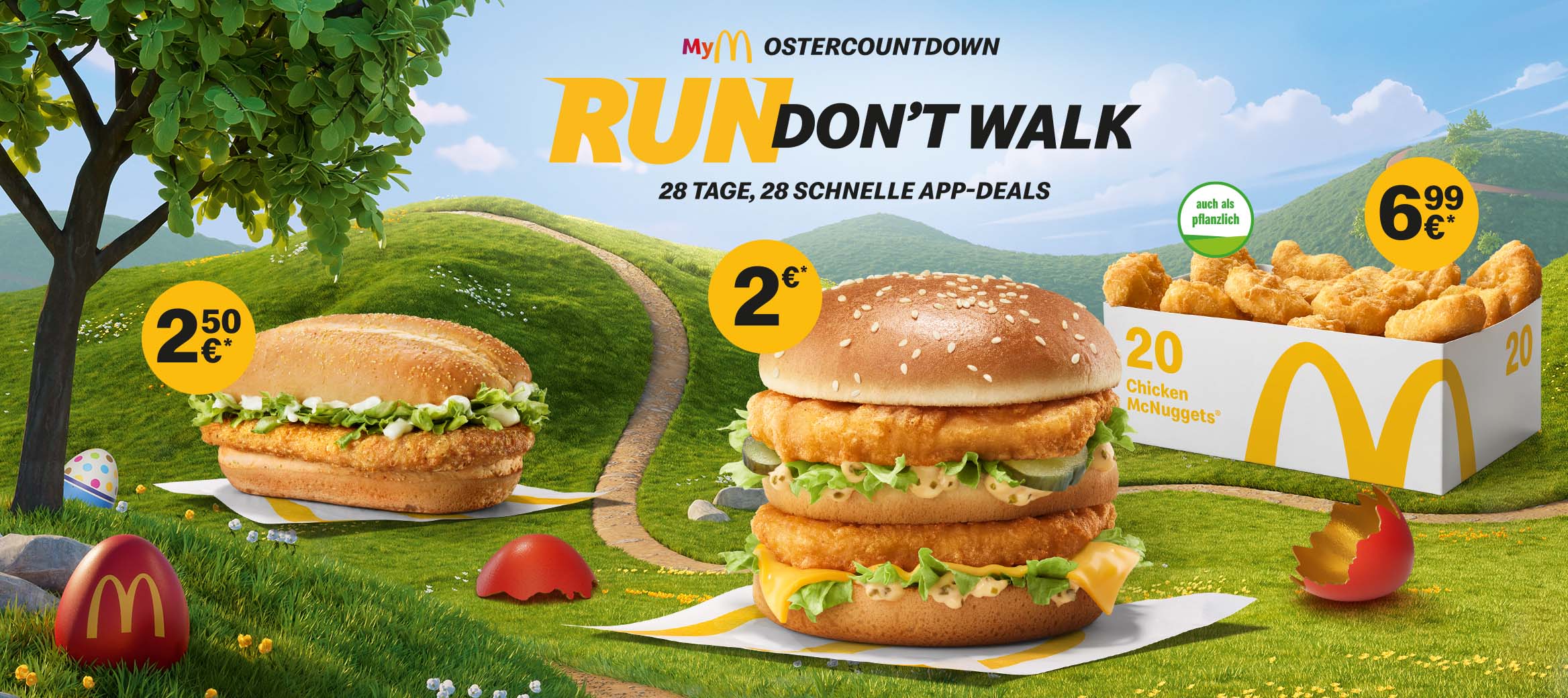 Logo: MyM Ostercountdown. Run, don't walk. 28 Tage, 28 schnelle App-Deals. Abgebildet ist ein McChicken® Classic für 2,50 Euro, ein Chicken Big Mac® für 2 Euro und eine 20er Nuggets nach Wahl für 6,99 Euro.