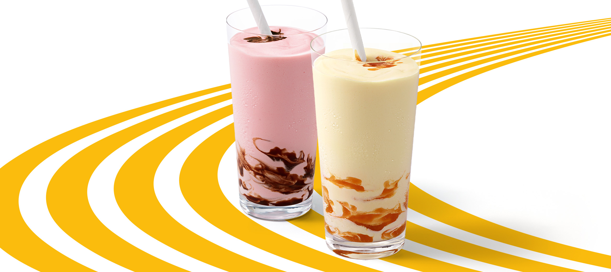 McMilchshake mit Vanillegeschmack und Karamellsauce, McMilchshake mit Erdbeergeschmack und Schoko-Sauce