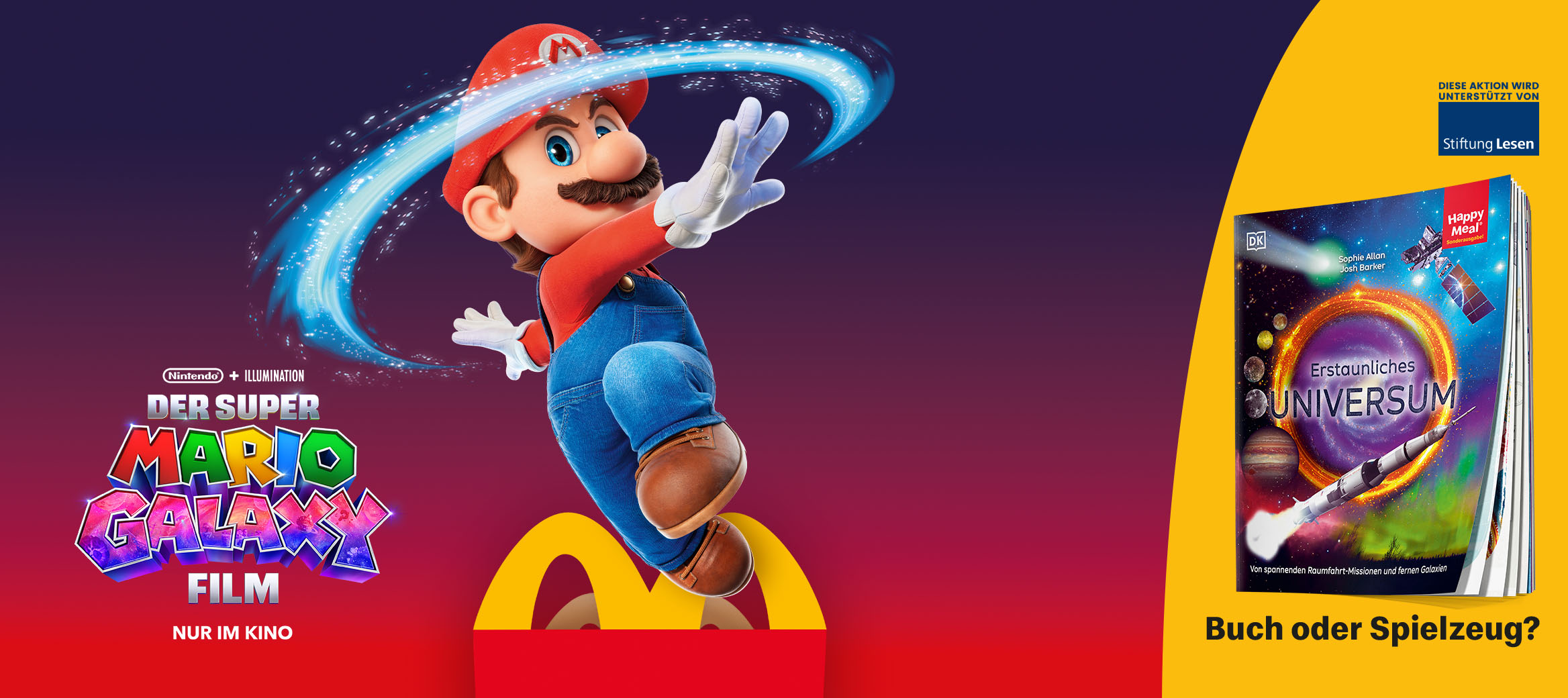 Super Mario abgebildet und das Super Mario Galaxy Film Logo und das Spendenbuch "Erstaunliches Universum"