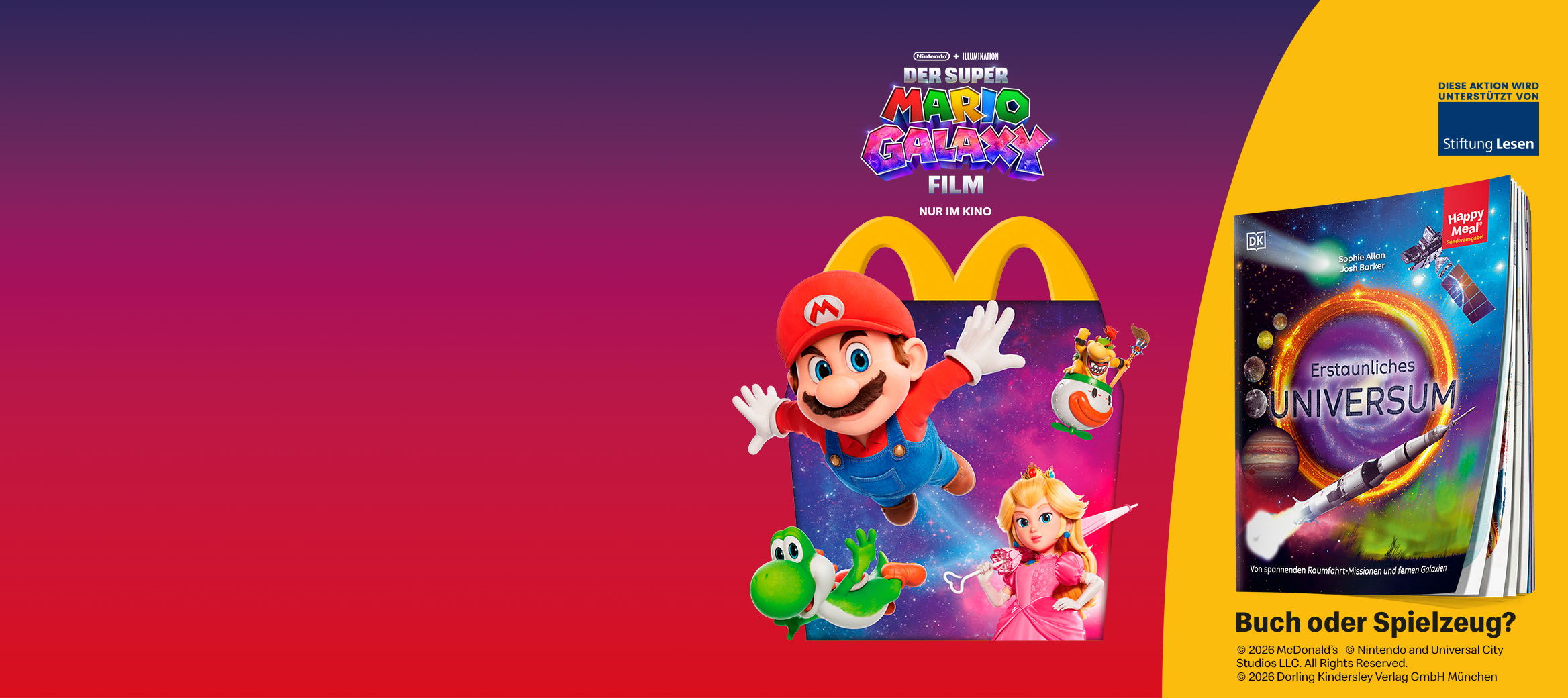 Super Mario Galaxy Charactäre vor Happy Meal Box im Galaxy Design. Zudem das Spendenbuch "Erstaunliches Universum"