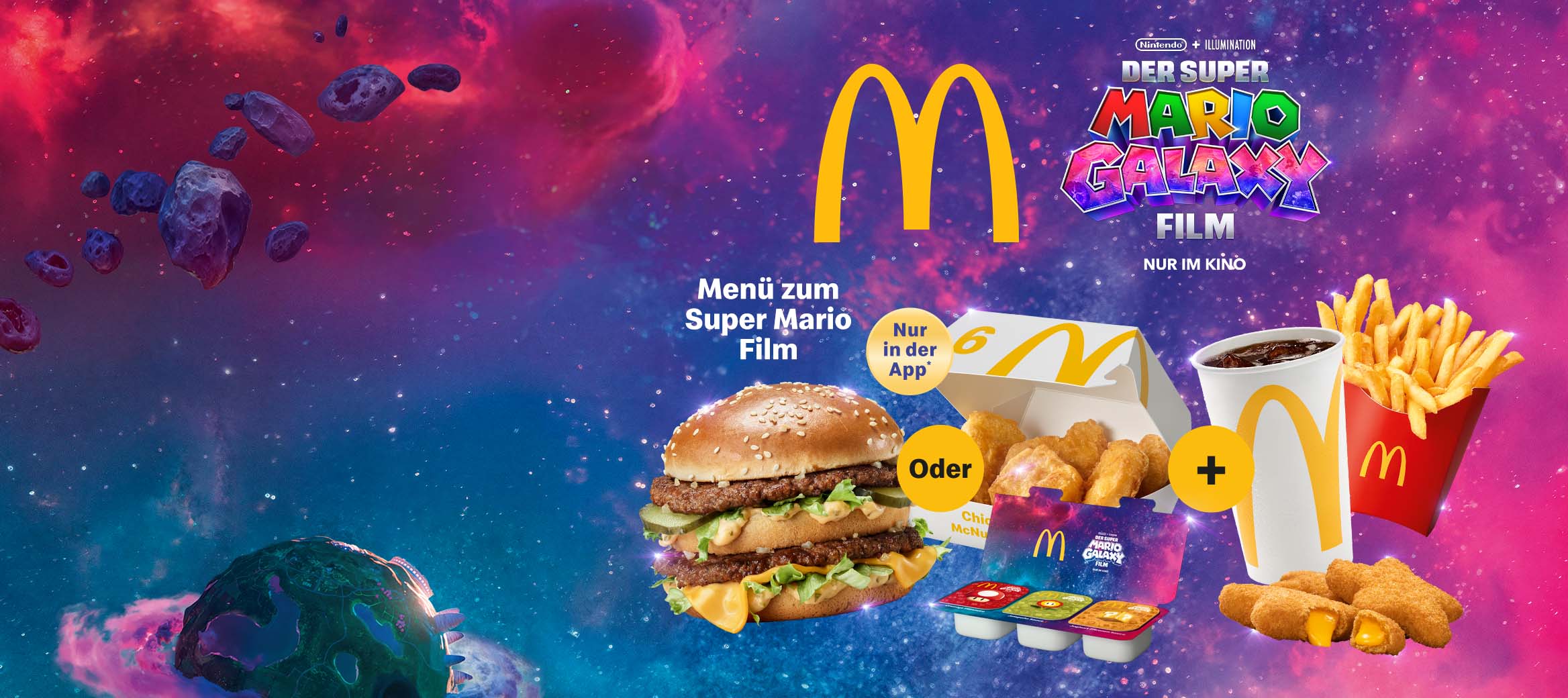 Big Mac® oder 6 Chicken McNuggets® mit limitiertem Dip Set, mittlere Pommes und ein 0,4 l Softdrink sowie 3 Sterne Cheese Snackers. McFlurry® Super Mario Film oder Milchshake Super Mario Film.