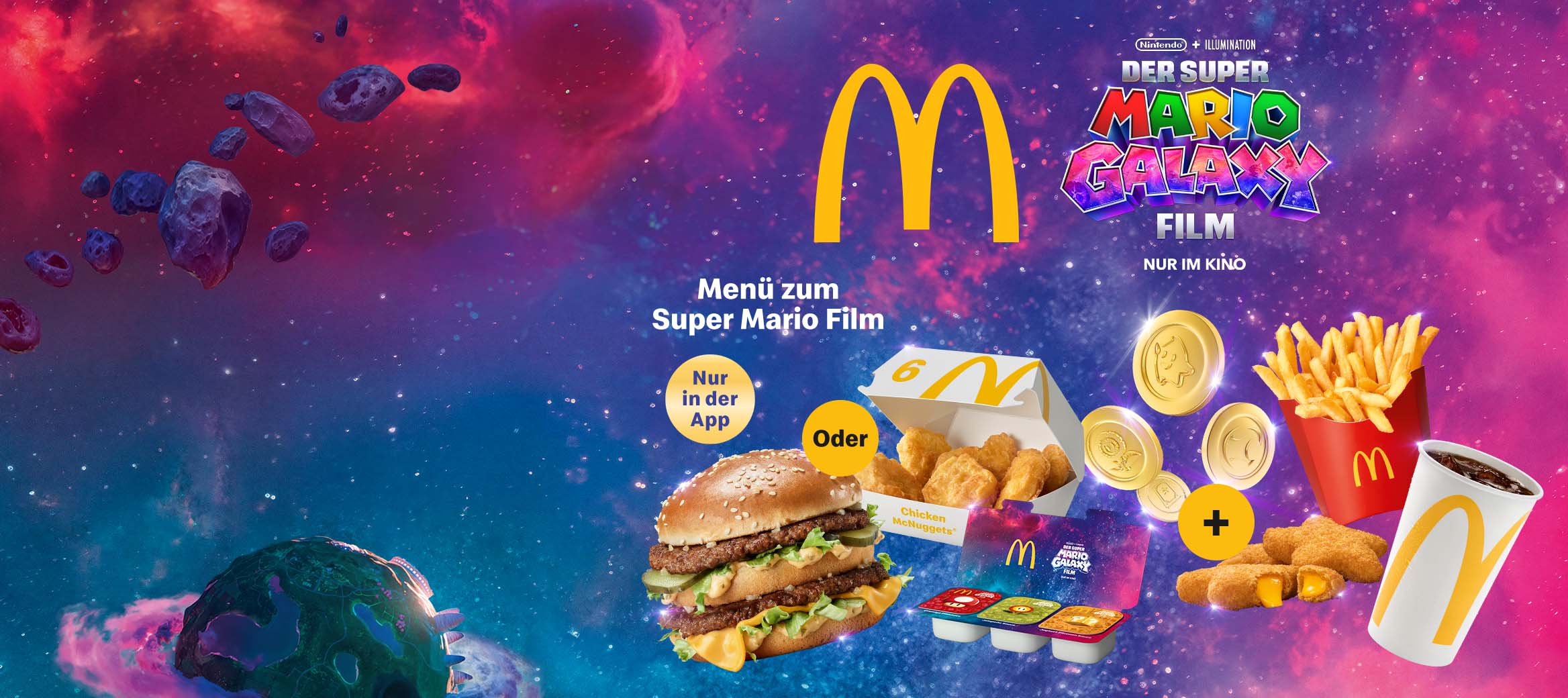 Big Mac® oder 6 Chicken McNuggets® mit limitiertem Dip Set, mittlere Pommes und ein 0,4 l Softdrink sowie 3 Sterne Cheese Snackers. McFlurry® Super Mario Film oder Milchshake Super Mario Film.