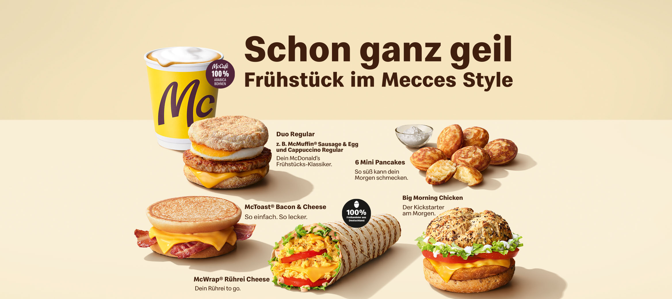 Frühstück ist fertig! Duo Regular, z. B. mit McMuffin® und Cappuccino Regular, 6 Mini Pancakes, Big Morning Chicken, McWrap® Rührei Cheese, McToast® Bacon & Cheese