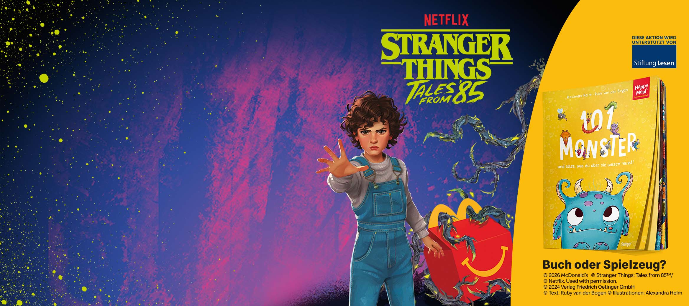 Werbegrafik zu "Stranger Things Tales from 85" mit der Sammelfigur von Elfie vor der Happy Meal Box, sowie dem Spendenbuch ,,101 Monster und alles, was du über sie wissen musst''.