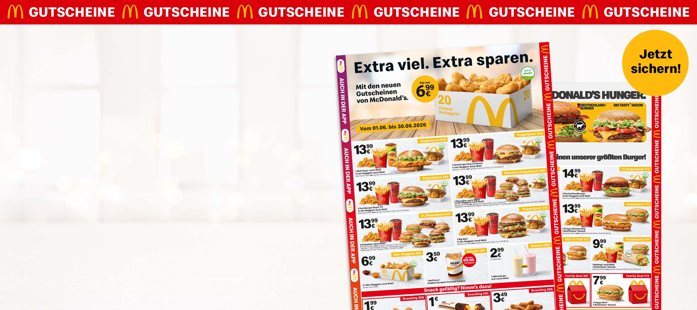 Das Bild zeigt den Gutscheinbogen, mit den unterschiedllichen leckeren Sparangeboten. Die Überschrift lautet: "Extra viel. Extra sparen!"