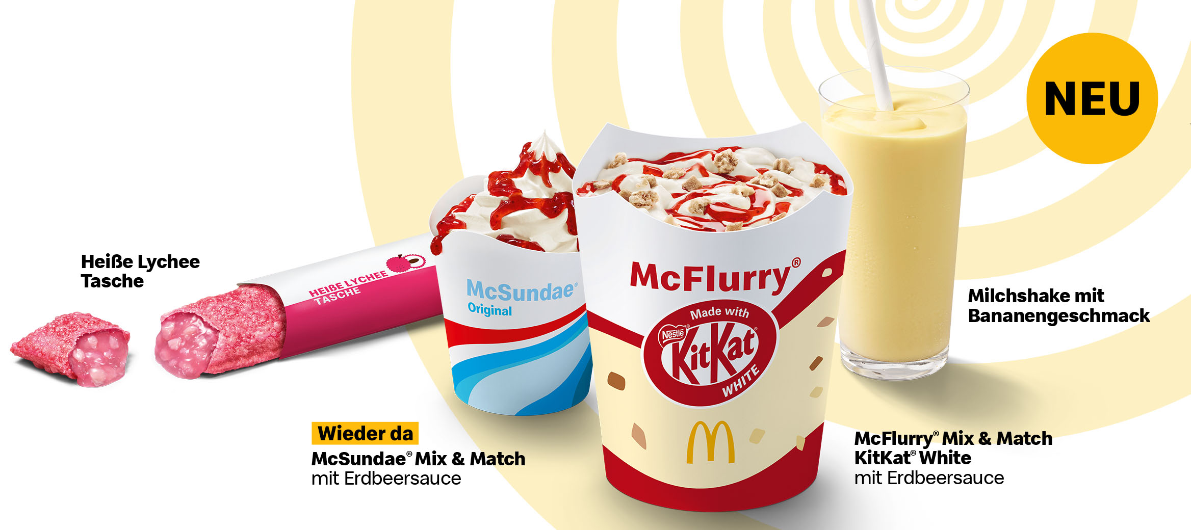  McFlurry® KitKat® White mit Erdbeersauce, McSundae® mit Erdbeersauce, Milchshake mit Bananengeschmack, Heiße Brownie Choc Tasche