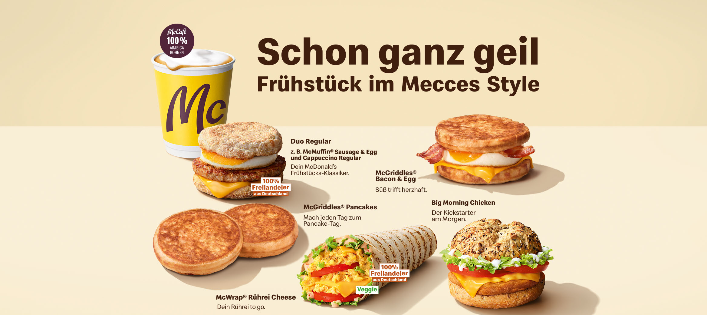 Frühstück ist fertig! Duo Regular, z. B. mit McMuffin® und Cappuccino Regular, 6 Mini Pancakes, Big Morning Chicken, McWrap® Rührei Cheese, McToast® Bacon & Cheese