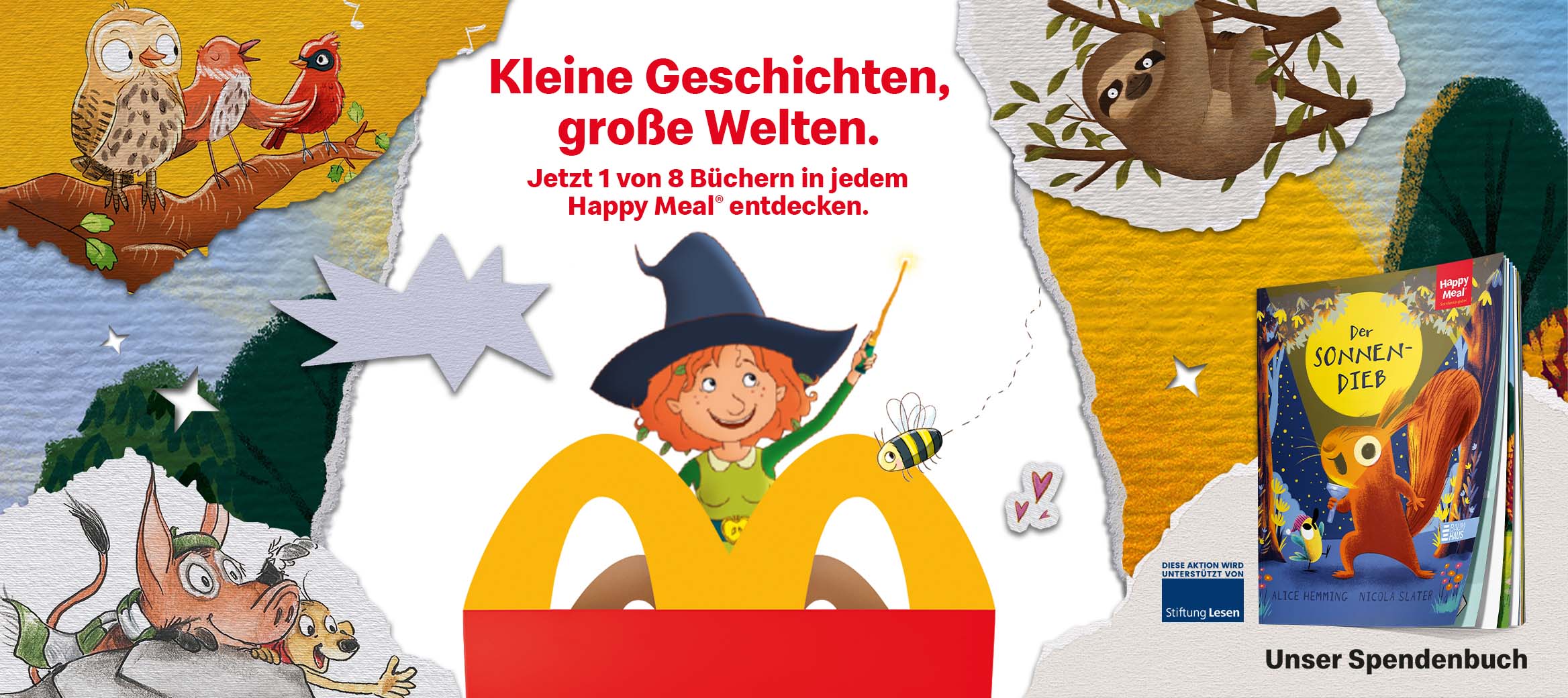 Um die rote Happy Meal® Box befinden sich in Papier-Collagen-Optik illustrierte Buch-Charaktere wie Petronella Apfelmus, ein Eichhörnchen, ein Igel sowie Vögel auf einem Ast.