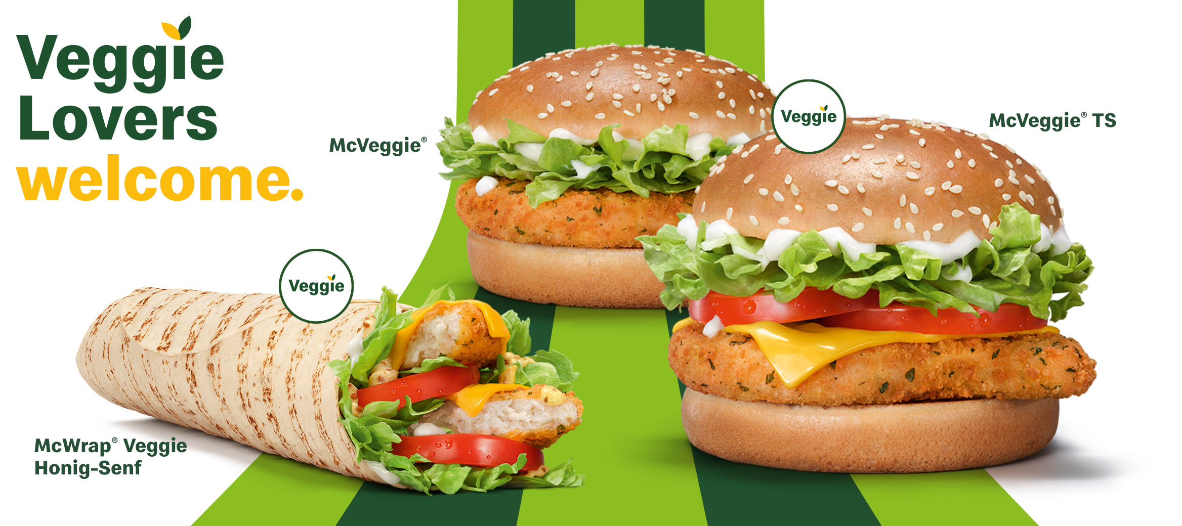 Die aktuellen Veggie Produkte McVeggie®, McVeggie® TS und McWrap® Veggie Honig-Senf unter dem Slogan "Veggie Lovers welcome"