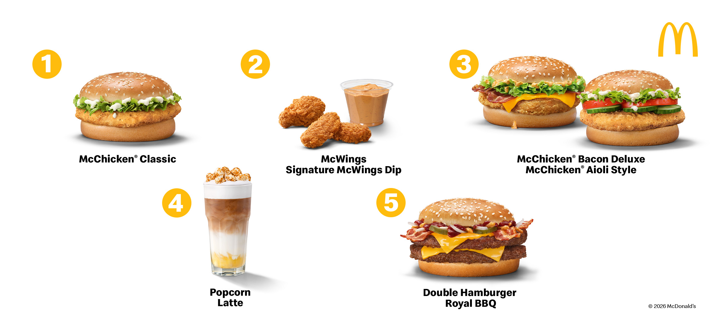 Fünf beliebte McDonald’s-Produkte: McChicken® Classic, McWings mit Dip, zwei McChicken®-Varianten, Popcorn Latte und Double Hamburger Royal BBQ.