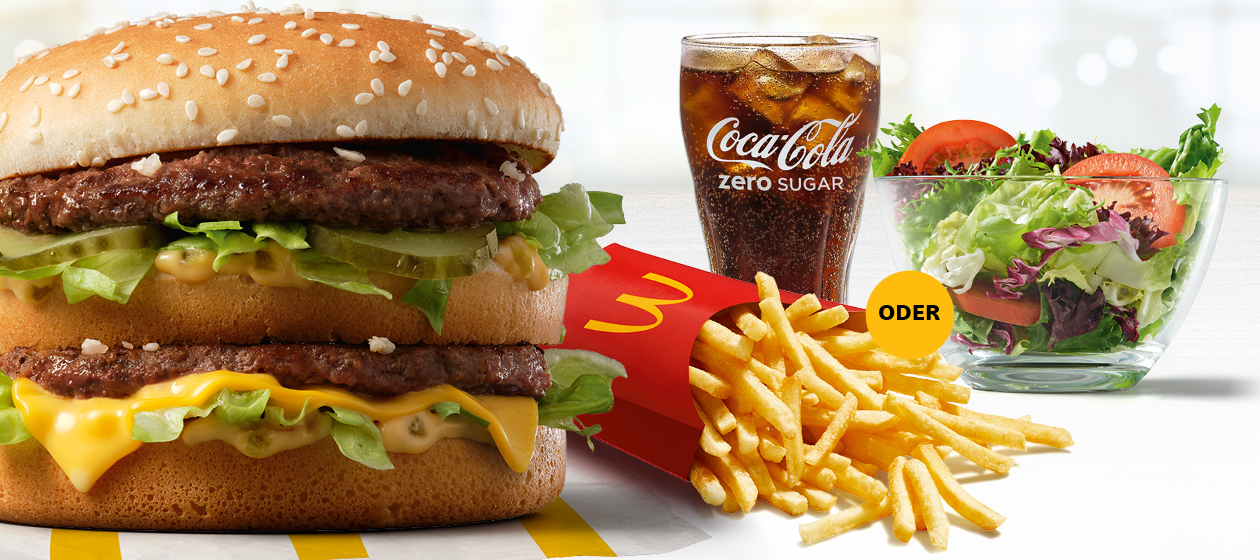 Abbildung des McMenü® mit Big Mac, große Pommes oder Snack Salat, großer Coca-Cola.
