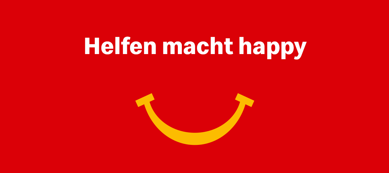 Smileymund auf rotem Hintergrund. Text: Helfen macht happy