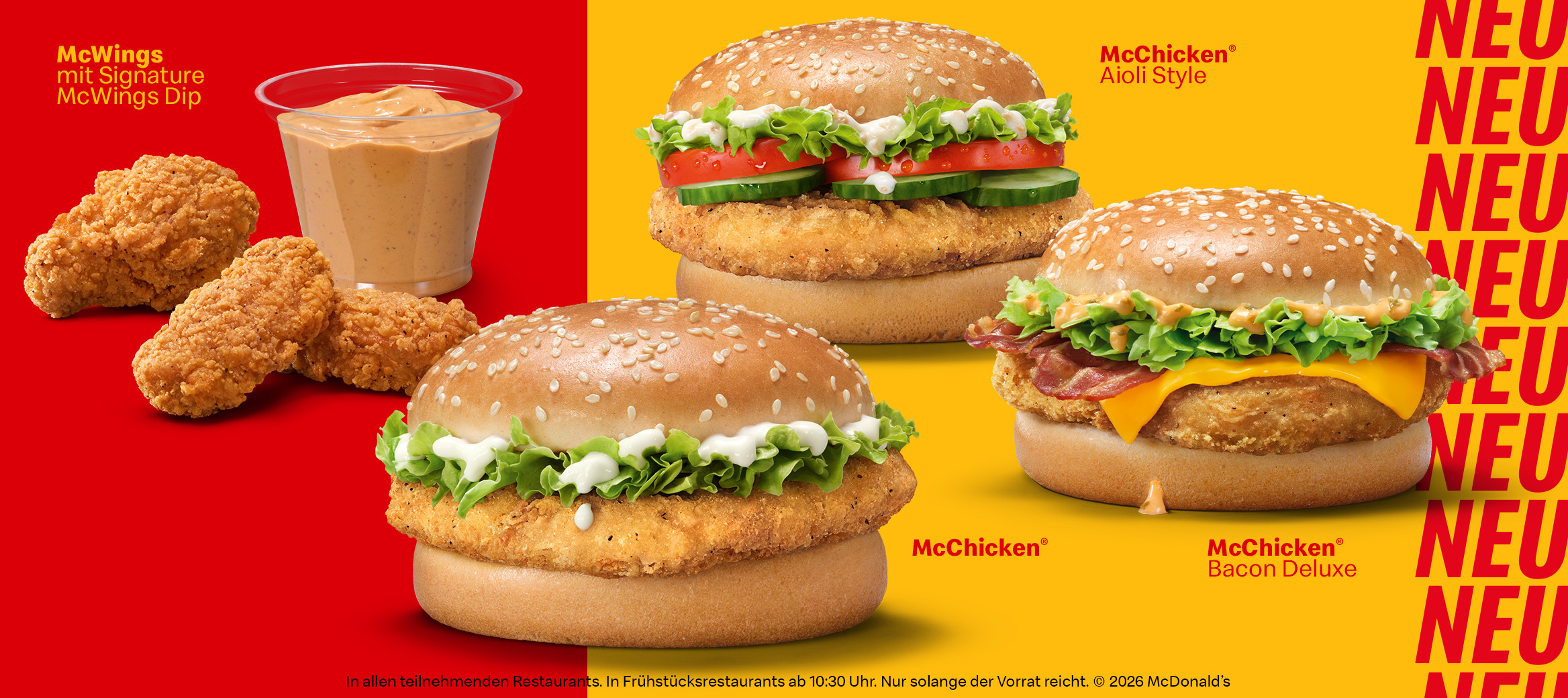 McDonald’s Chicken-Angebot mit McWings und Dip sowie drei Burgern: McChicken®, McChicken® Aioli Style und McChicken® Bacon Deluxe.