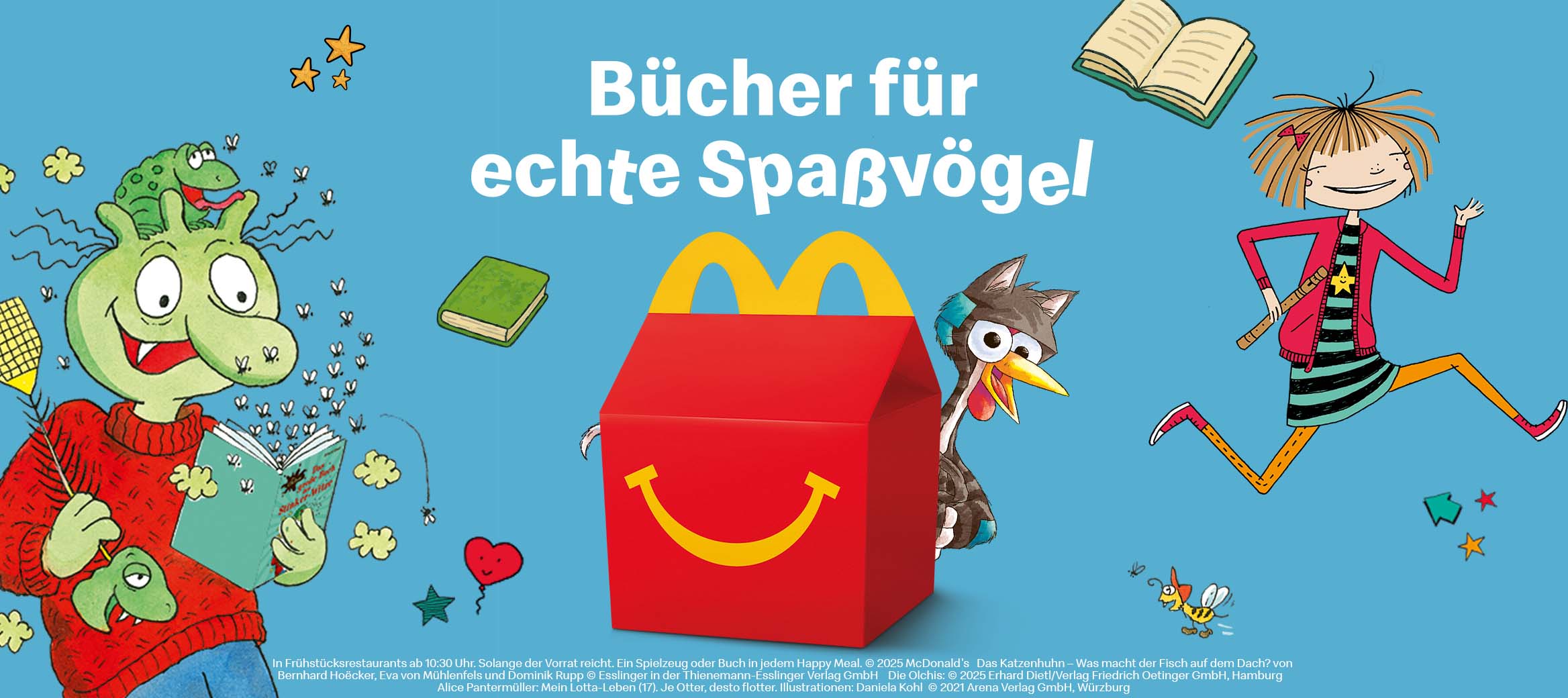 Bild mit fröhlichen Kreaturen, einer Happy Meal® Box und der Überschrift "Bücher für echte Spaßvögel"