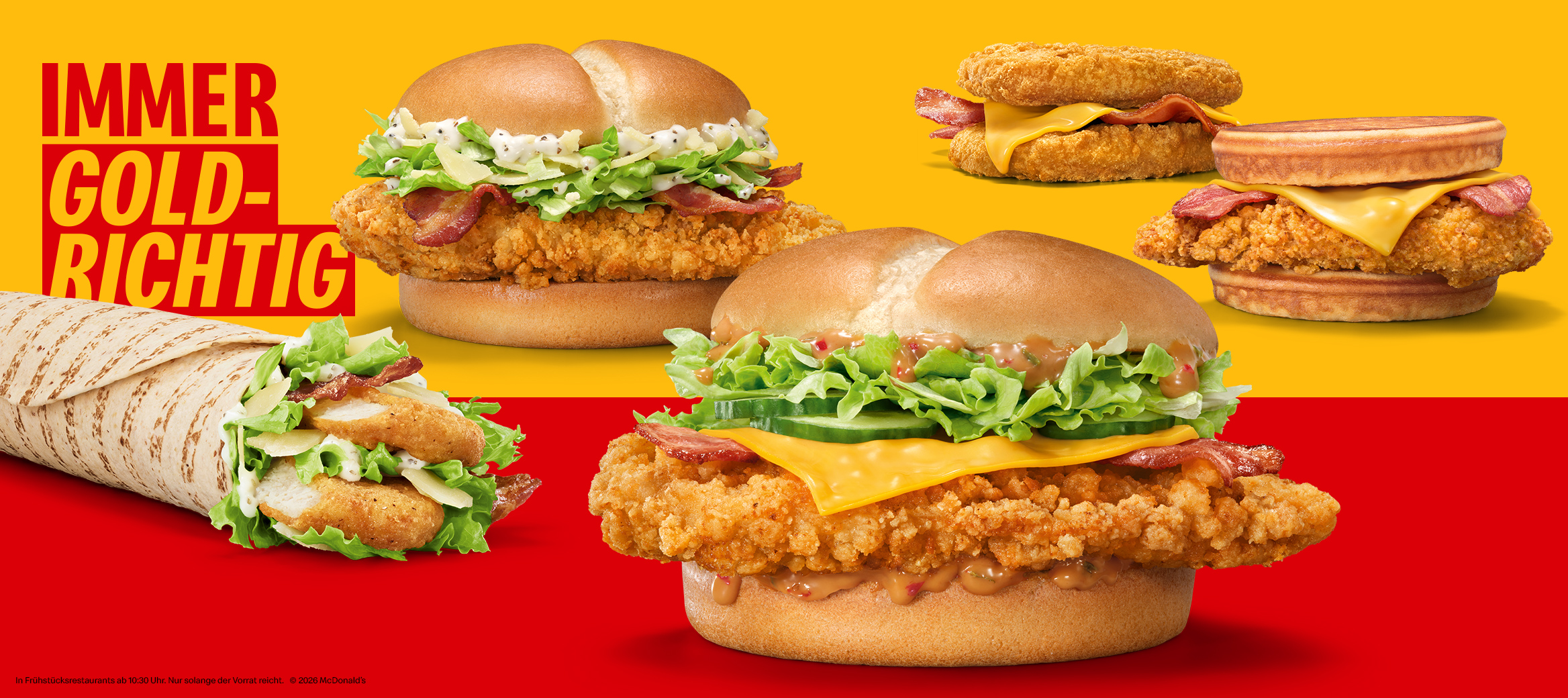 Die neuen Produkte der "Chicken for Every Moment" Kampagne: Chicken & Waffle, McCrispy® Korean Style, McWrap® Caesar Bacon, McCrispy® Caesar Bacon, Chicken Chicken Stack; unter dem Slogan "Immer goldrichtig".