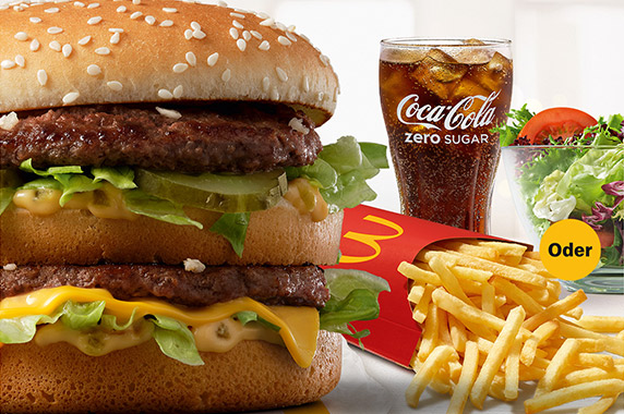 Abbildung des McMenü® mit Big Mac, große Pommes oder Snack Salad, großer Coca-Cola.