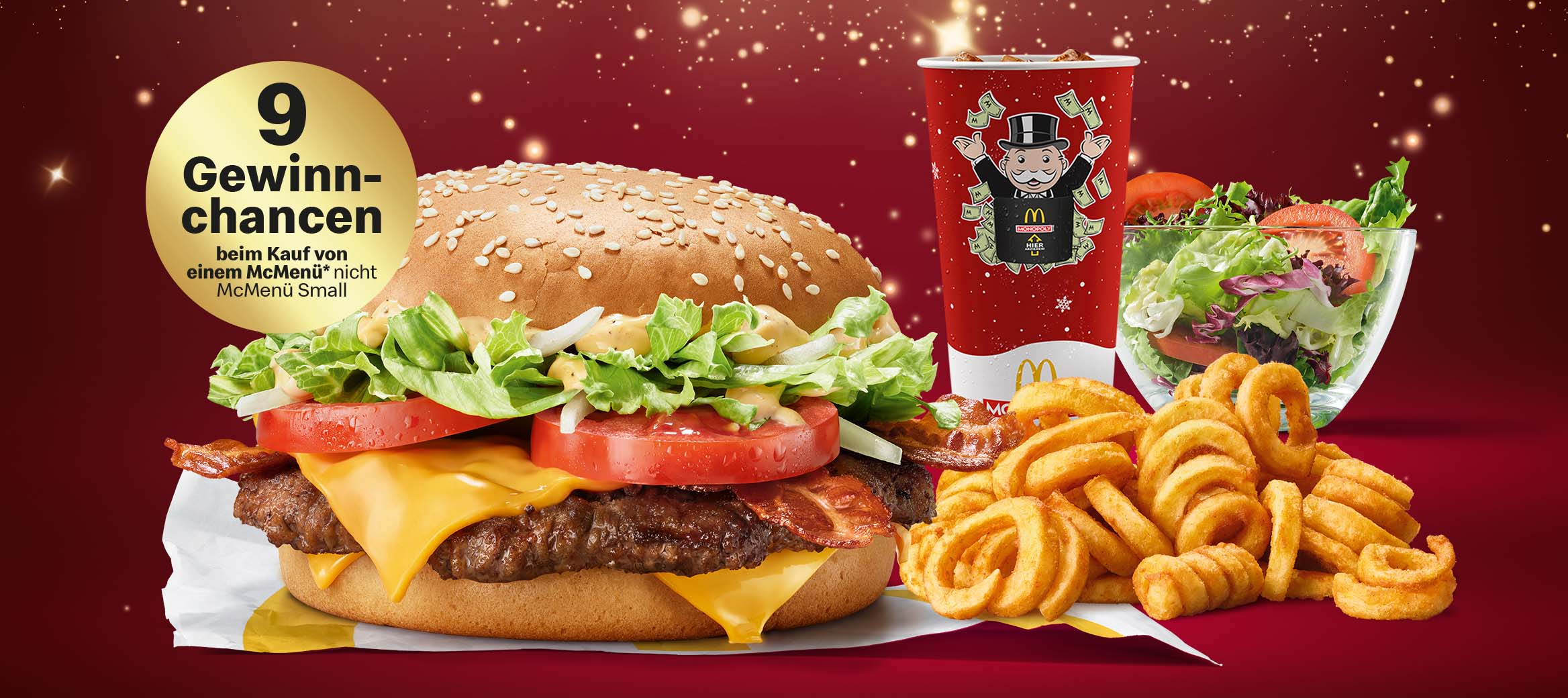 Abbildung des McMenü® mit Big Mac, große Pommes oder Snack Salad, großer Coca-Cola.