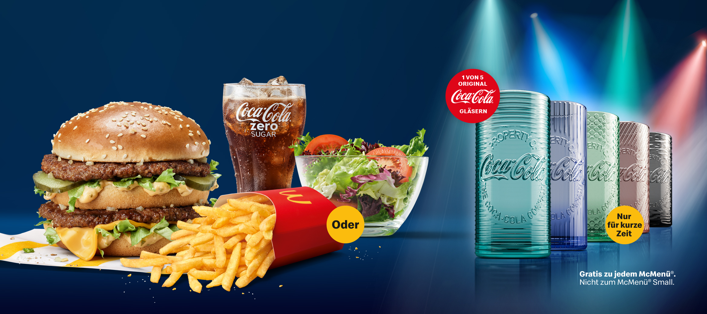Abbildung des McMenü® mit Big Mac, große Pommes oder Snack Salad, großer Coca-Cola.