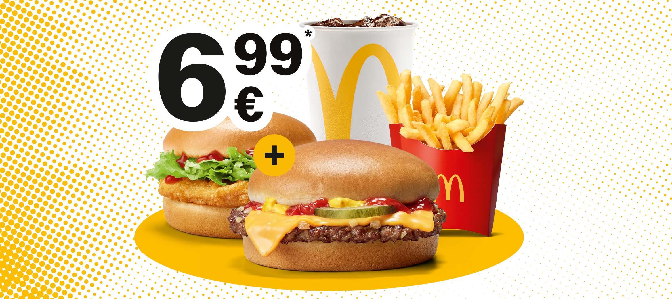 Zu sehen sind ein Chickenburger und ein Cheeseburger. mit mittleren Pommes und 0,4l Softdrink. Man liest einen Preis von 6,99€