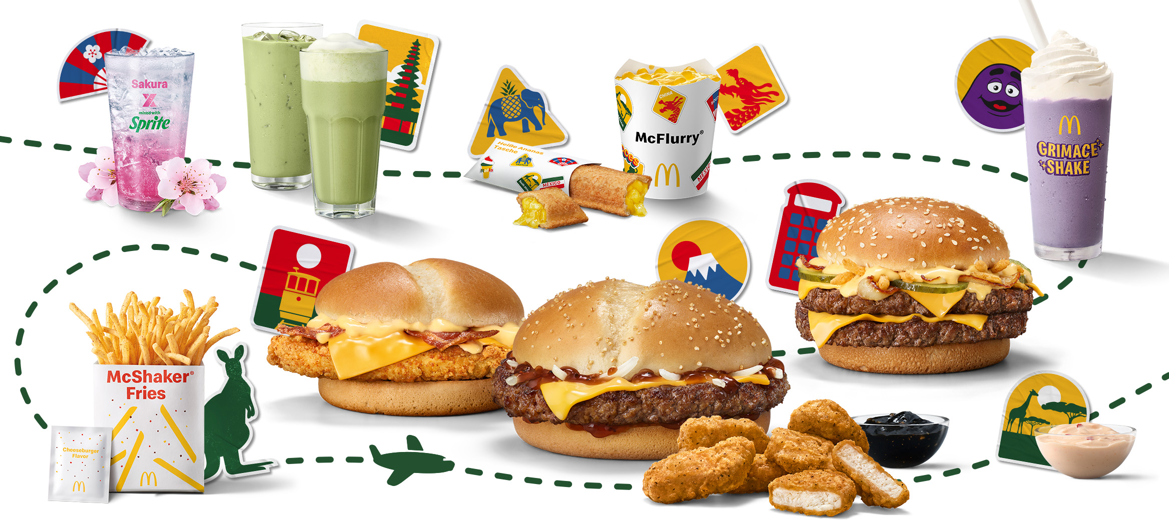 Hamburger Royal Maple BBQ & Bacon aus Kanada, Chicken Samurai aus Malaysia, Garlic Pepper Chicken McNuggets aus Japan, Grimace Shake aus dem McDonaldland und McFlurry® Mango Bobas aus China