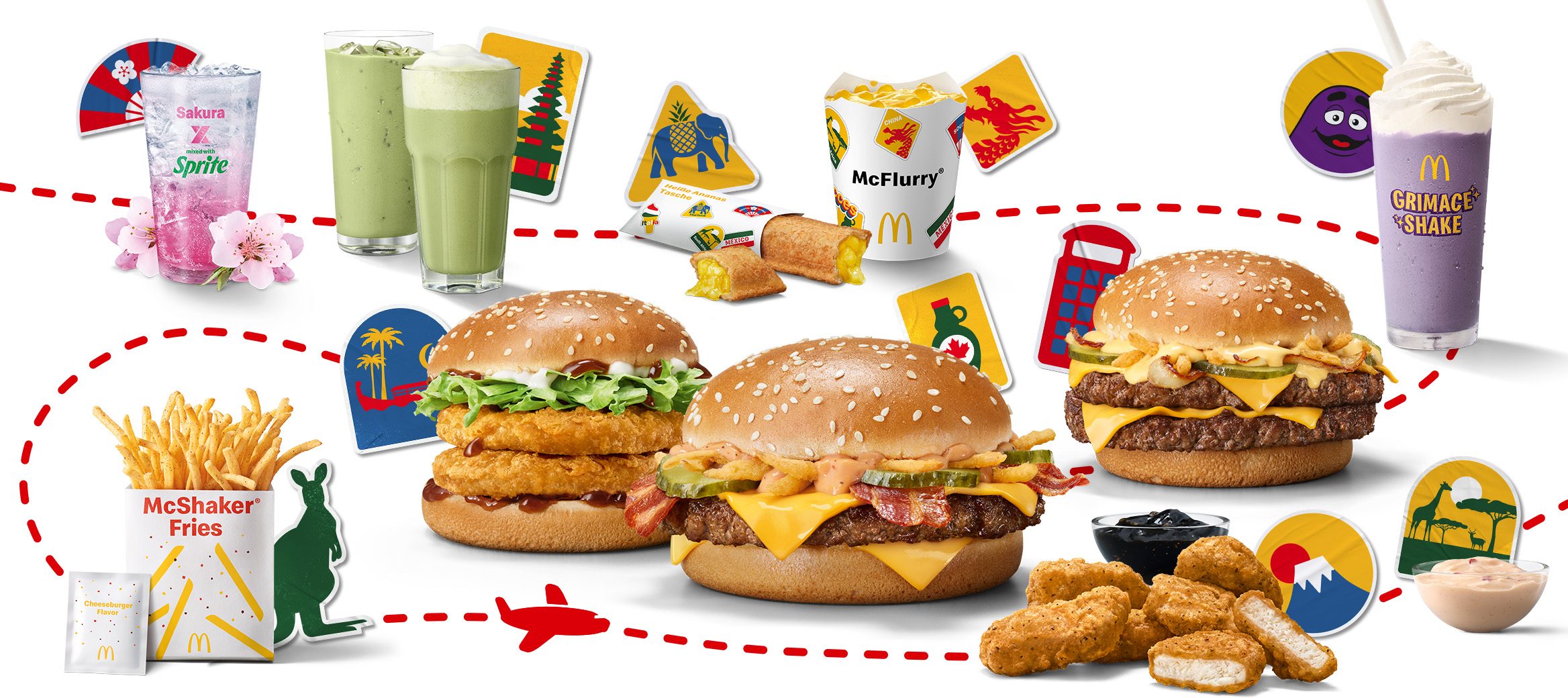 Hamburger Royal Maple BBQ & Bacon aus Kanada, Chicken Samurai aus Malaysia, Garlic Pepper Chicken McNuggets aus Japan, Grimace Shake aus dem McDonaldland und McFlurry® Mango Bobas aus China