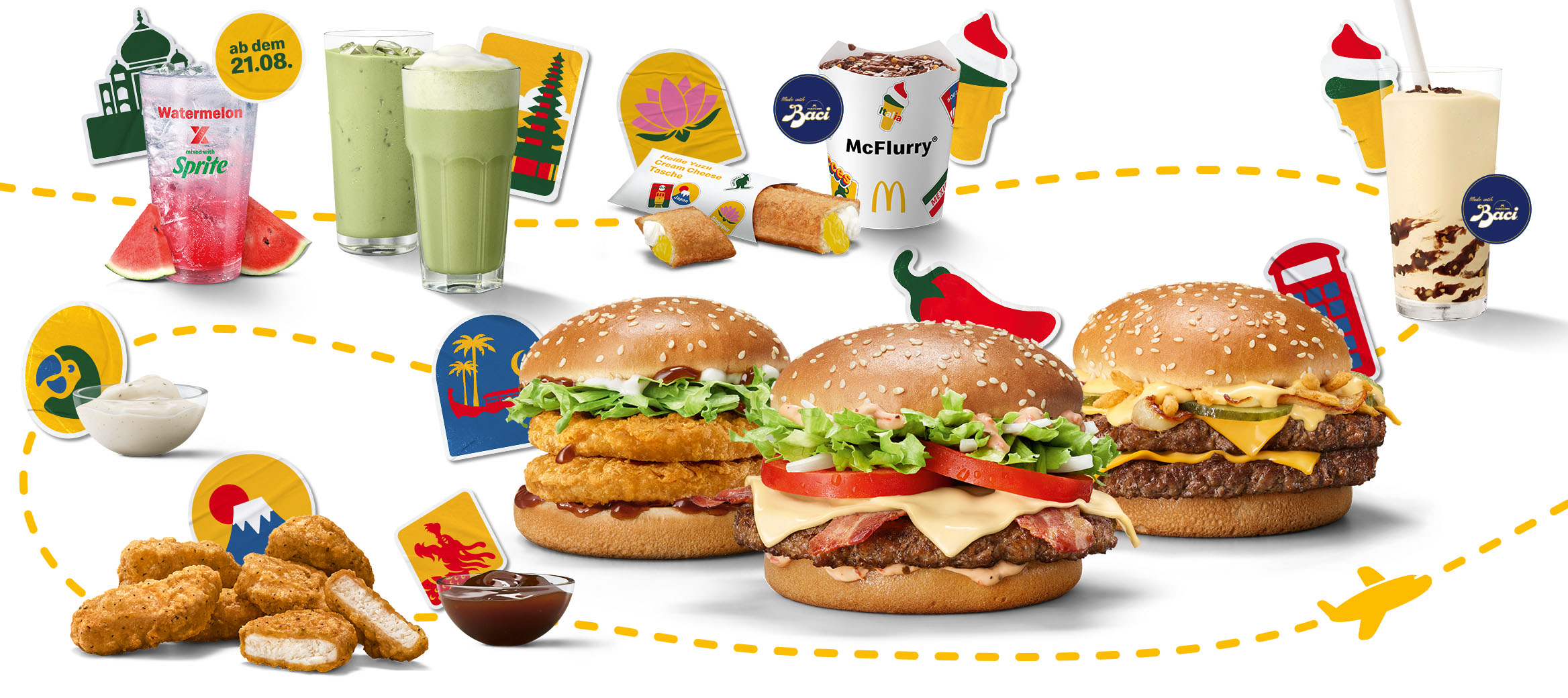 Hamburger Royal Maple BBQ & Bacon aus Kanada, Chicken Samurai aus Malaysia, Garlic Pepper Chicken McNuggets aus Japan, Grimace Shake aus dem McDonaldland und McFlurry® Mango Bobas aus China